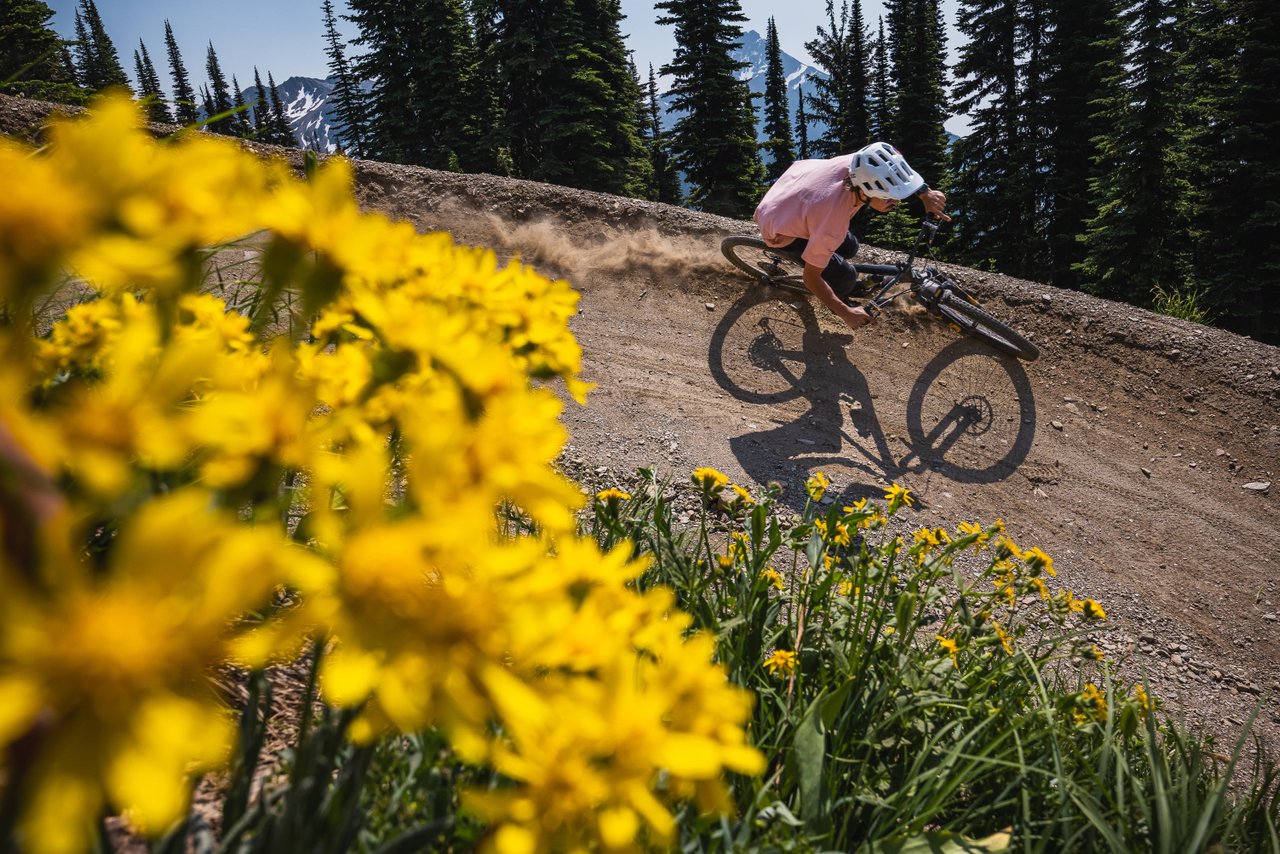 A Mountain bike rider rides down a sidewall on an alpine trail at Revelstoke Mountain Resort bike trail