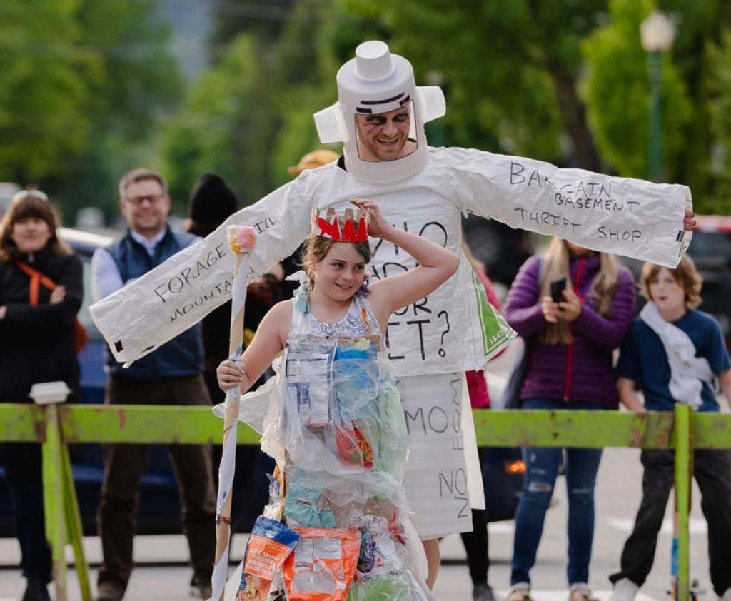 Revy Re-Fest Trashion show participants dressed in various outfits made from recycled material.