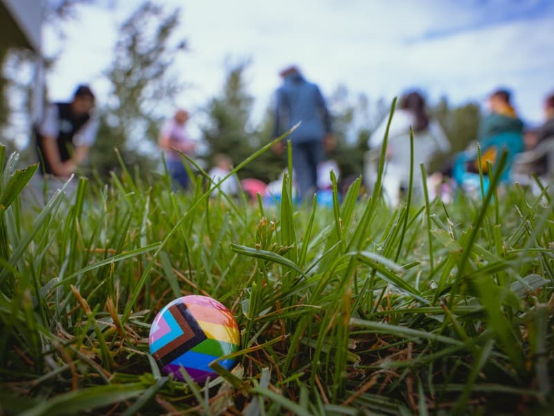 Mountain Pride 2025 promotion image of a pride pin in the grass with a crowd of participants out of focus in the background