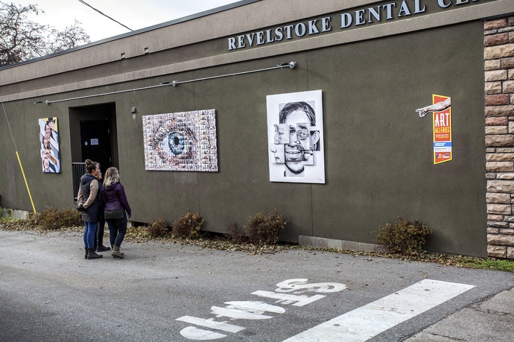 Three collage pieces of people on the side of a wall