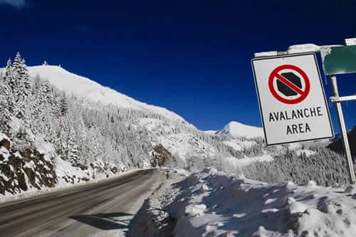 B.C. Avalanche "don't stop" sign on the side of a road with large snow banks on either side of it.