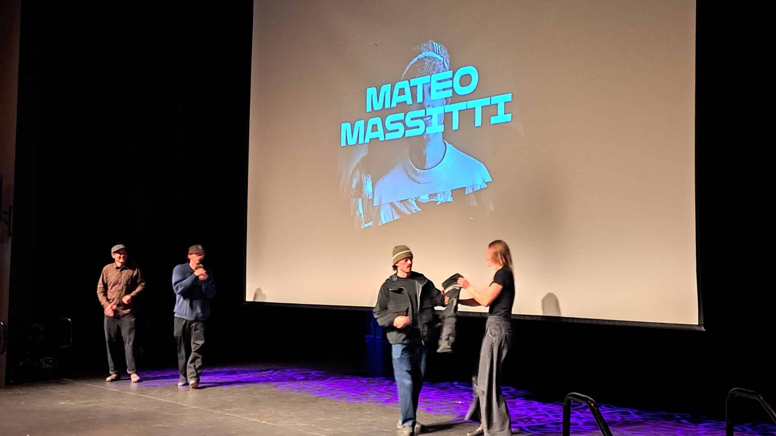 Mateo Massitti walking the stage for his YETI Natural Selection 2026 vest. Photo for Revelstoke Mountain Resort Stoke chair update story.