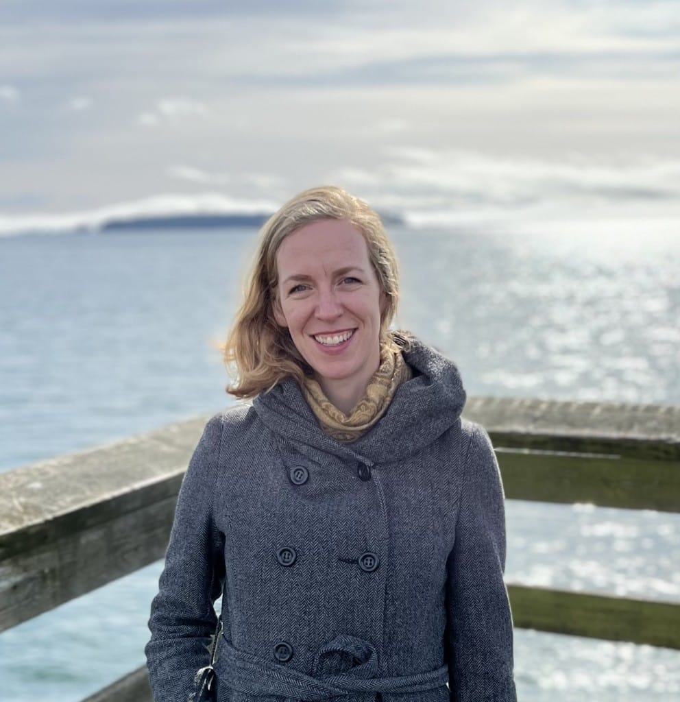 The Fall-Down Effect author Liz Johnston standing on a dock overlooking a large body of water. Her back is to the water, she is looking at the camera and smiling.