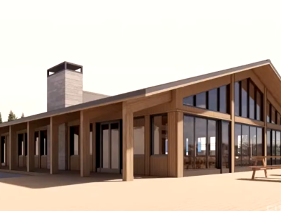 Revelstoke Mountain Resort new warming facility rendering, which shows a large building with a covered wrap-around walkway and large windows.