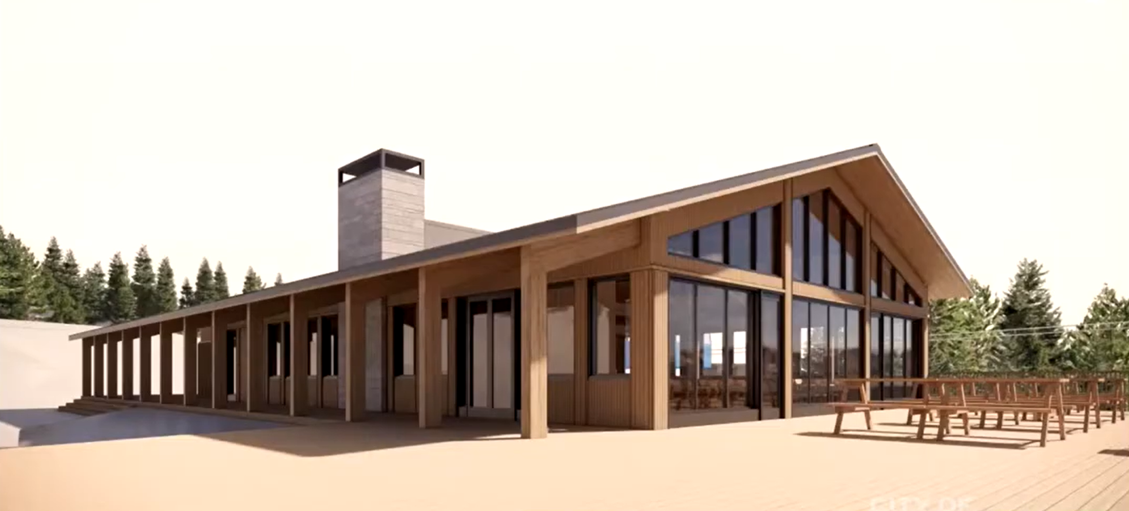 Revelstoke Mountain Resort new warming facility rendering, which shows a large building with a covered wrap-around walkway and large windows.