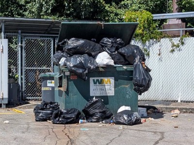 A green commercial waste bin in Revelstoke overfilling with garbage bags. Some bags are now resting outside the bin on the concrete