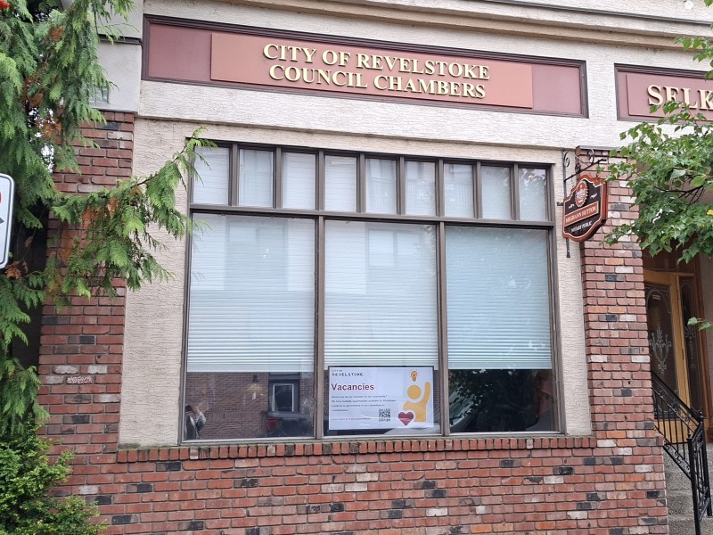 External shot of the Revelstoke council chamber where some of the Revelstoke council candidates will meet. It is a brick exterior with a large sign over the main window stating it's the chamber.
